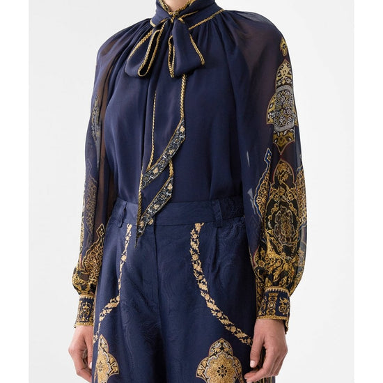 Young Ideas/Henmores - Imperial Gate Detachable Pussy Bow Blouse - Navy Gold - XS