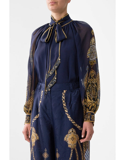 Young Ideas/Henmores - Imperial Gate Detachable Pussy Bow Blouse - Navy Gold - XS