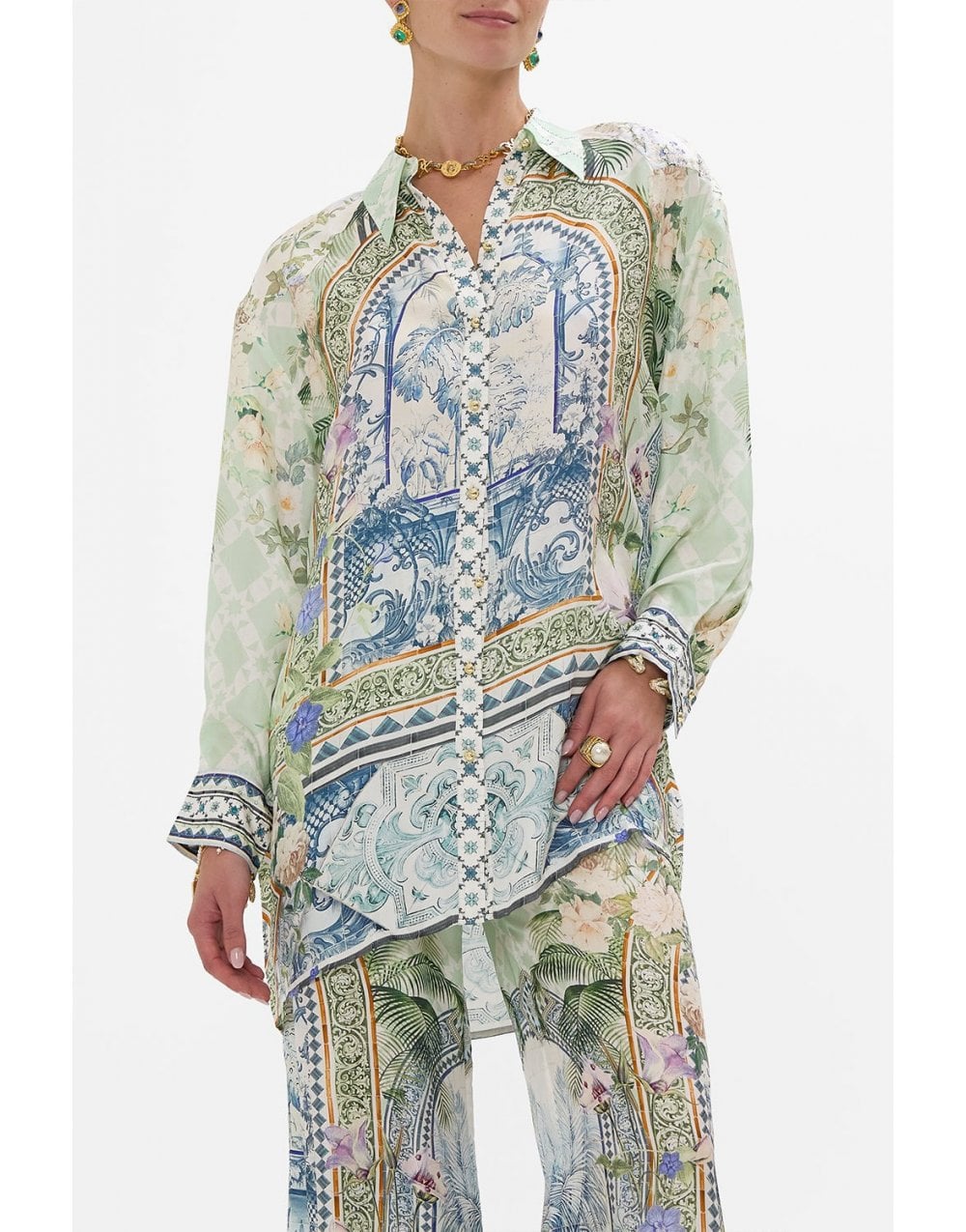 Young Ideas/Henmores - Jardim Party Long Line Shirt - Green Multi - S