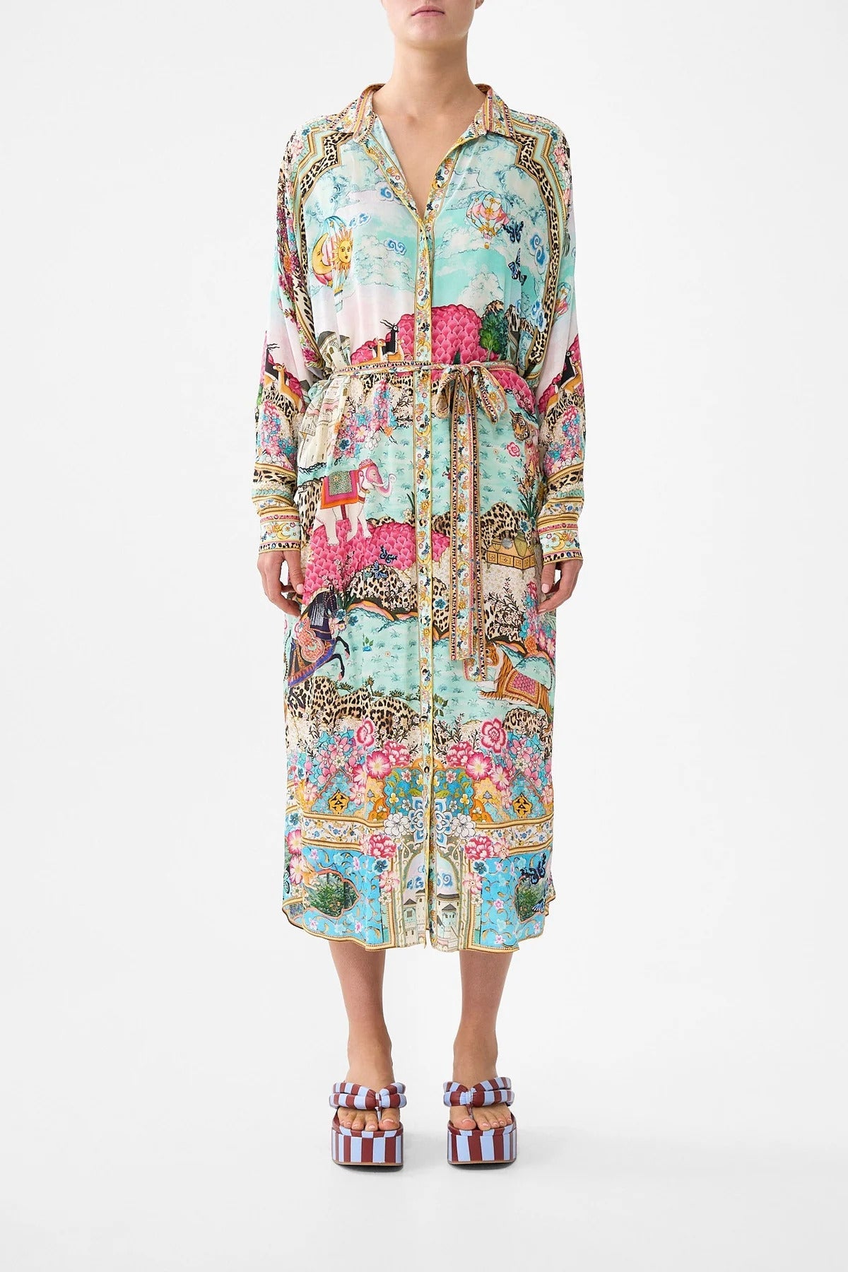 Young Ideas/Henmores - Miniature Moments Button Through Silk Dress - Blue/Pink - S/M