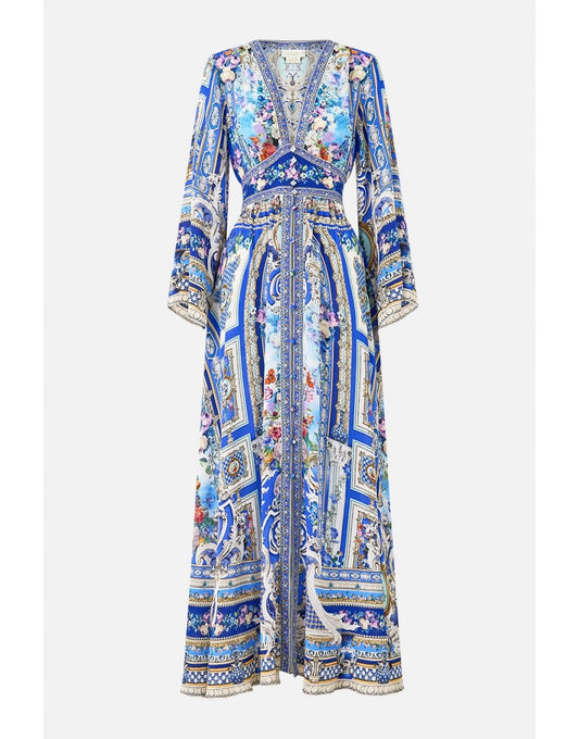 Young Ideas/Henmores - Ottoman Opulence Kimono Sleeve Silk Dress - Blue Ottoman - S