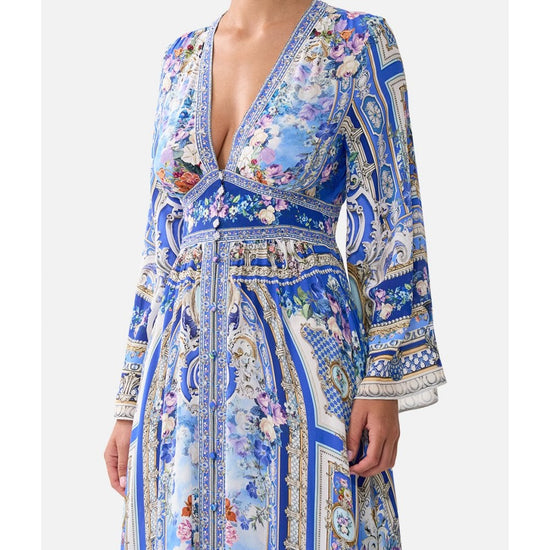Young Ideas/Henmores - Ottoman Opulence Kimono Sleeve Silk Dress - Blue Ottoman - S