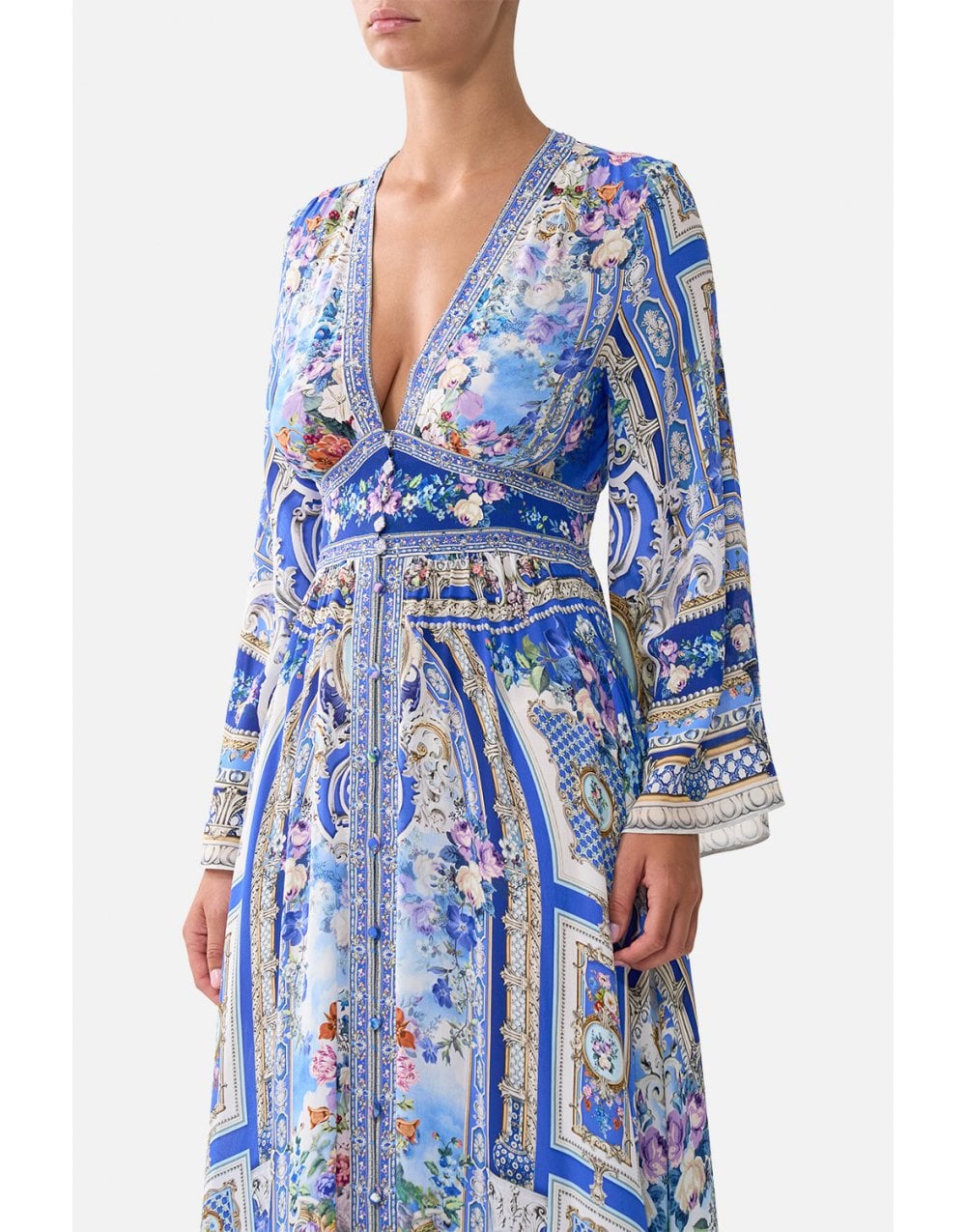 Young Ideas/Henmores - Ottoman Opulence Kimono Sleeve Silk Dress - Blue Ottoman - S