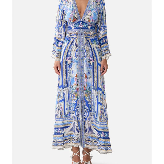 Young Ideas/Henmores - Ottoman Opulence Kimono Sleeve Silk Dress - Blue Ottoman - S
