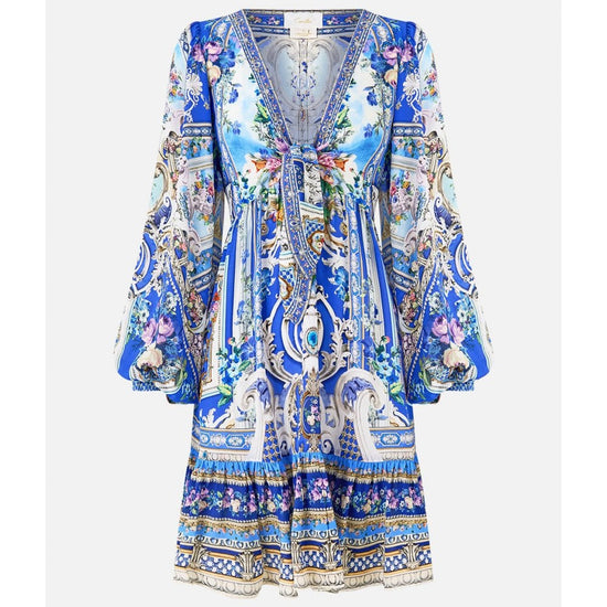 Young Ideas/Henmores - Ottoman Opulence Tie Front Silk Mini Dress - Blue - XS