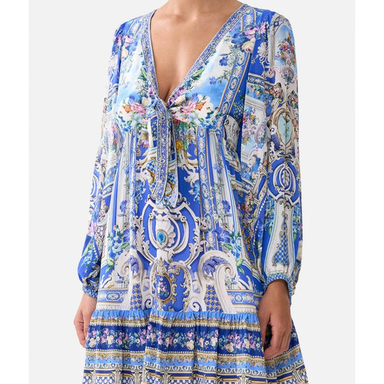 Young Ideas/Henmores - Ottoman Opulence Tie Front Silk Mini Dress - Blue - XS