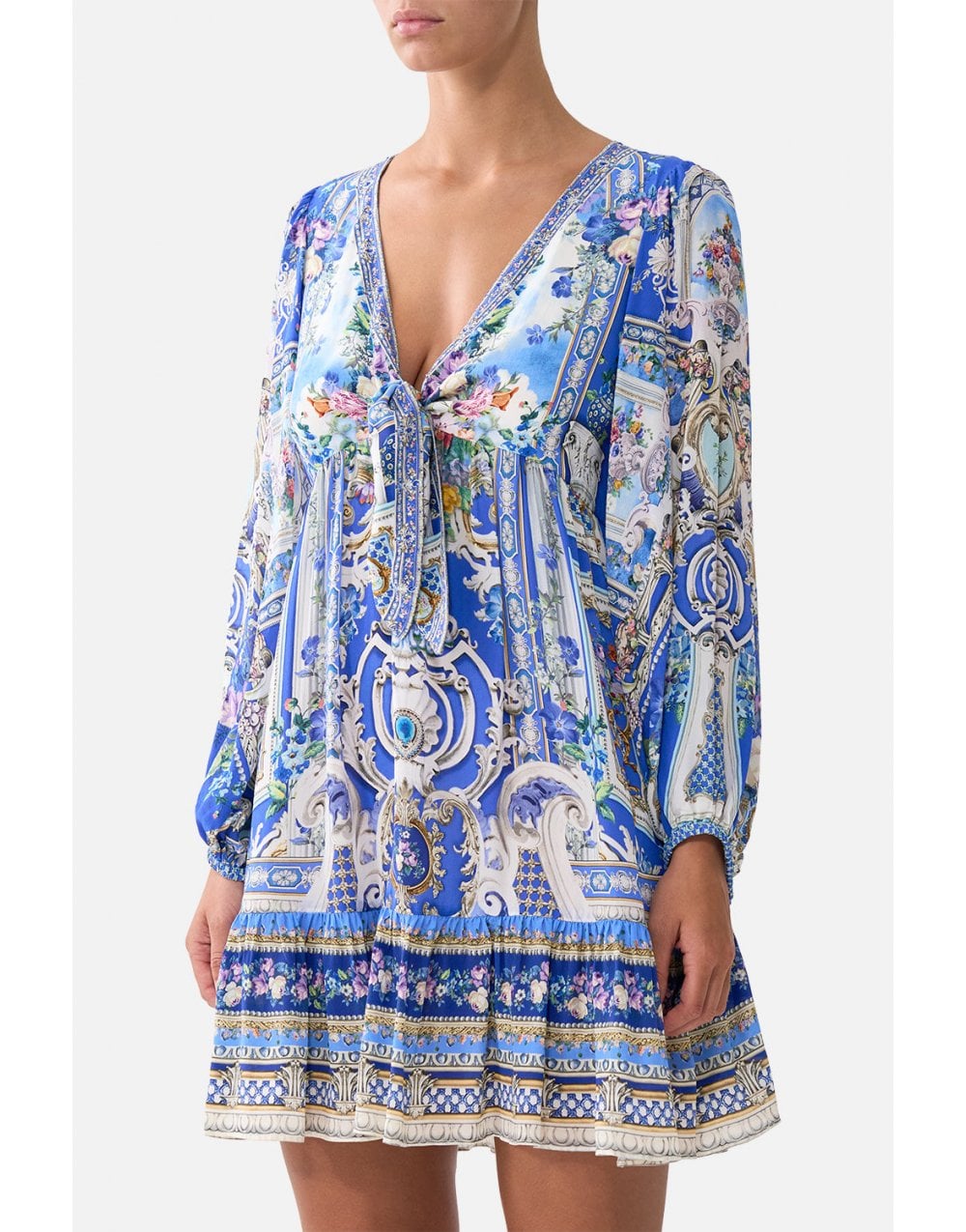 Young Ideas/Henmores - Ottoman Opulence Tie Front Silk Mini Dress - Blue - XS