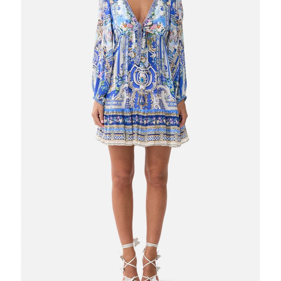 Young Ideas/Henmores - Ottoman Opulence Tie Front Silk Mini Dress - Blue - XS