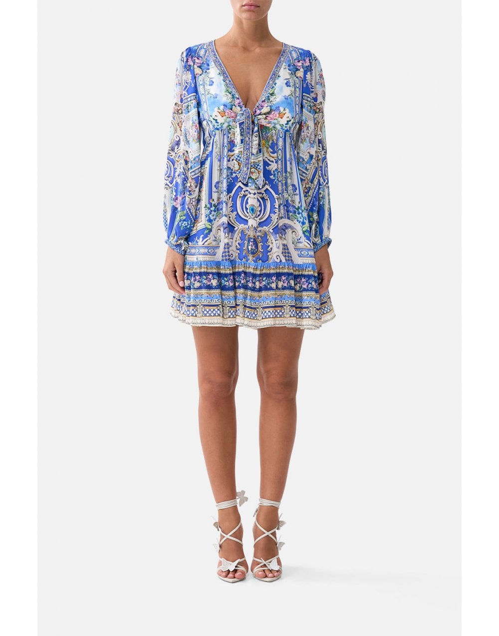 Young Ideas/Henmores - Ottoman Opulence Tie Front Silk Mini Dress - Blue - XS