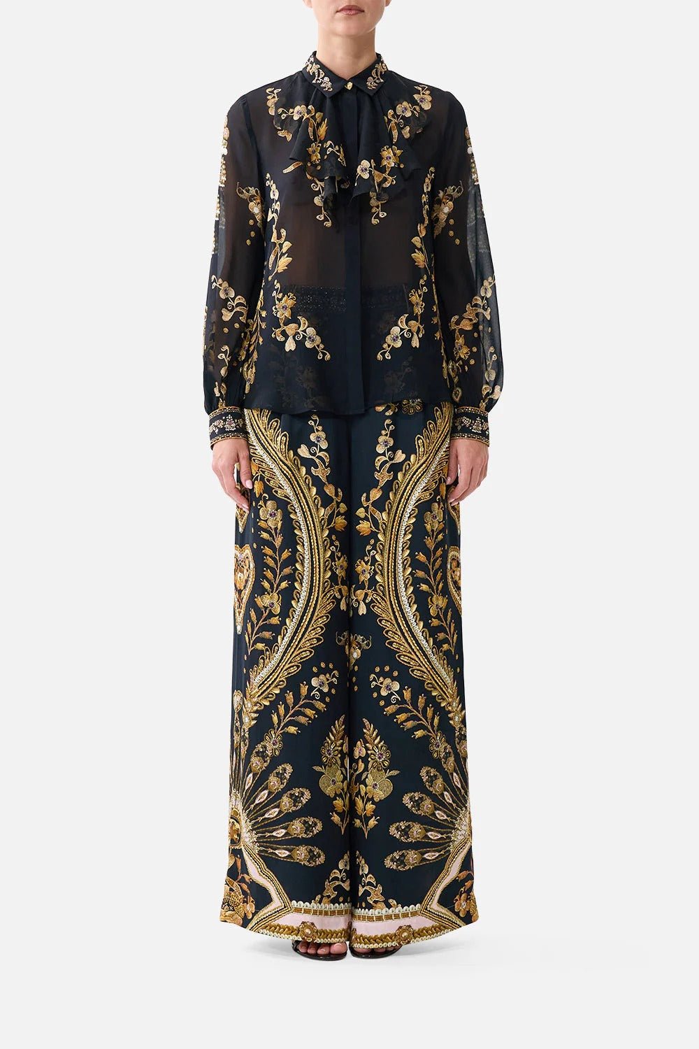 Young Ideas & Henmores - Taurus Rising Frill Neck Silk Collared Shirt - Black/Gold - XS