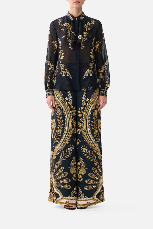 Young Ideas & Henmores - Taurus Rising Frill Neck Silk Collared Shirt - Black/Gold - XS