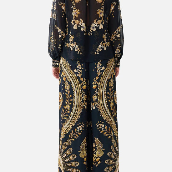 Young Ideas & Henmores - Taurus Rising Frill Neck Silk Collared Shirt - Black/Gold - XS
