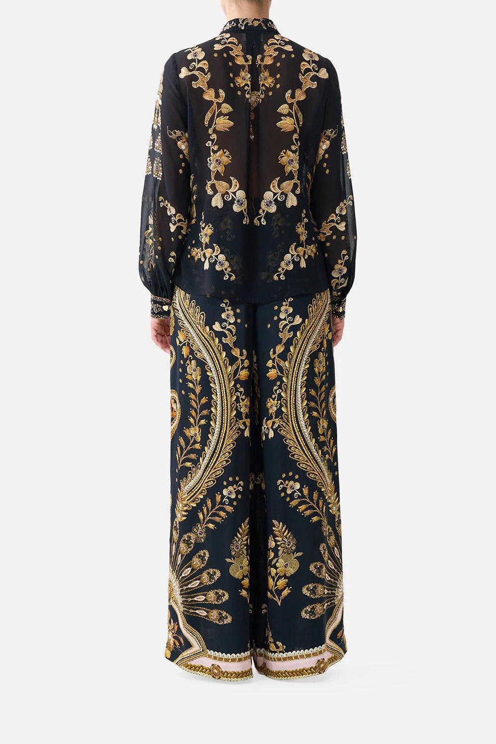 Young Ideas & Henmores - Taurus Rising Frill Neck Silk Collared Shirt - Black/Gold - XS
