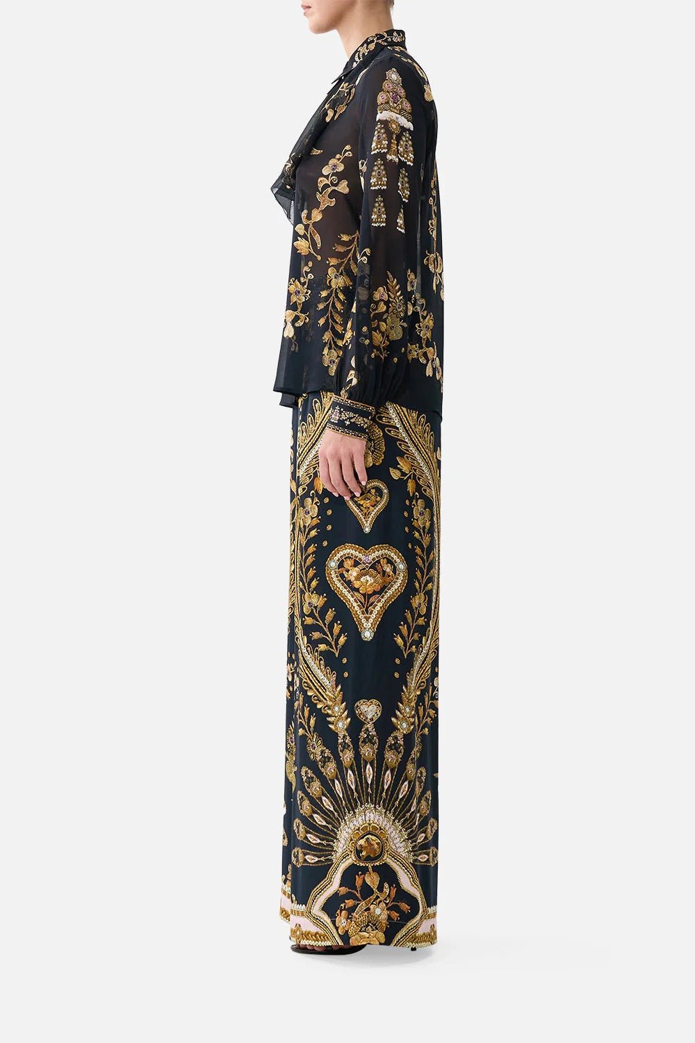 Young Ideas & Henmores - Taurus Rising Frill Neck Silk Collared Shirt - Black/Gold - XS