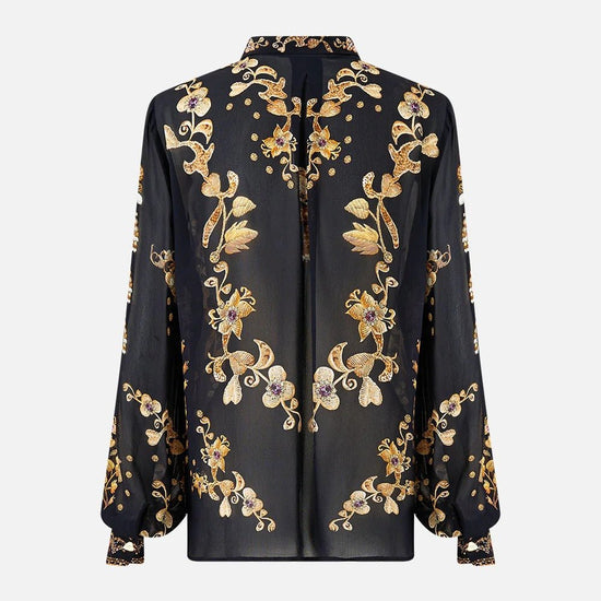 Young Ideas & Henmores - Taurus Rising Frill Neck Silk Collared Shirt - Black/Gold - XS