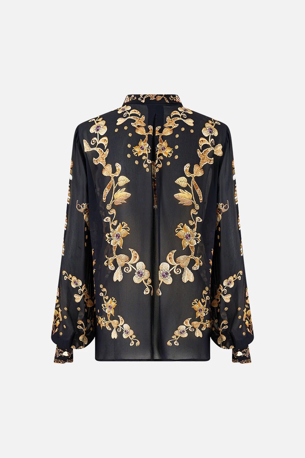 Young Ideas & Henmores - Taurus Rising Frill Neck Silk Collared Shirt - Black/Gold - XS