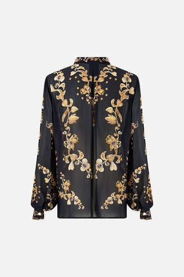 Young Ideas & Henmores - Taurus Rising Frill Neck Silk Collared Shirt - Black/Gold - XS