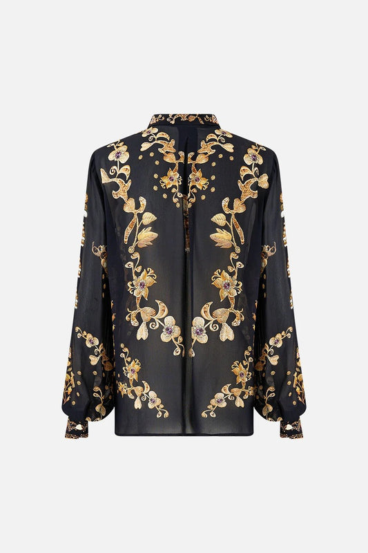 Young Ideas & Henmores - Taurus Rising Frill Neck Silk Collared Shirt - Black/Gold - XS