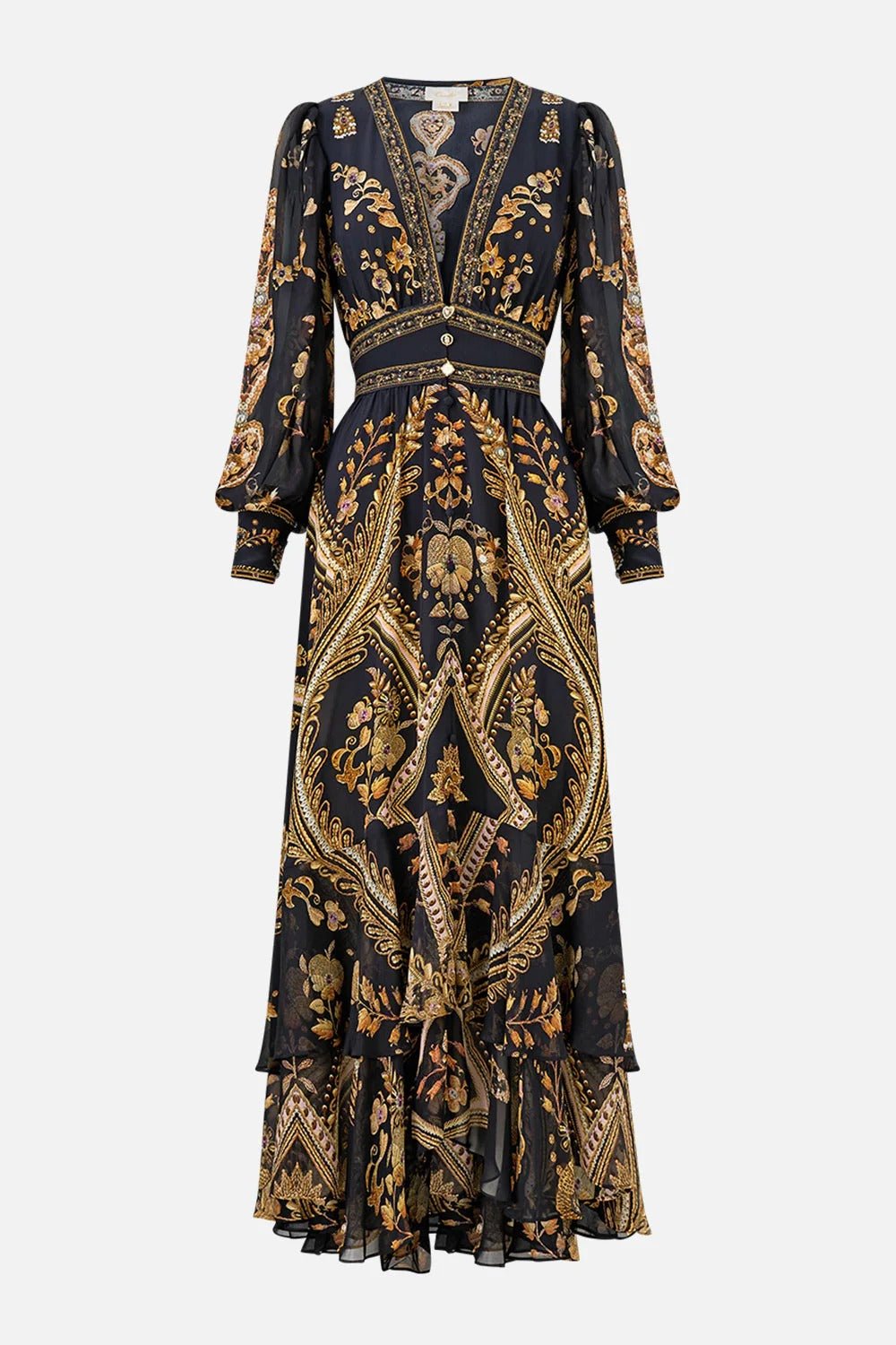 Young Ideas & Henmores - Taurus Rising Long Button Front Silk Dress - Black/Gold - XS