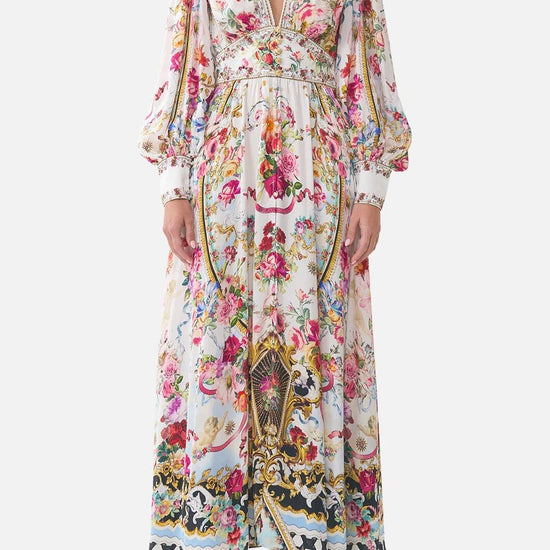 Young Ideas & Henmores - Torero Libertine Gathered Sleeves Waistband Silk Dress - White/Pink Multi - XS