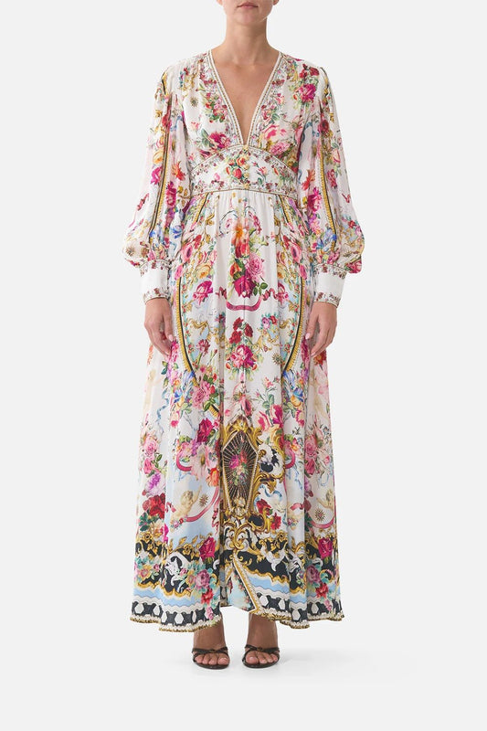 Young Ideas & Henmores - Torero Libertine Gathered Sleeves Waistband Silk Dress - White/Pink Multi - XS