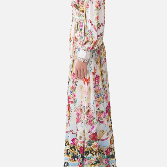 Young Ideas & Henmores - Torero Libertine Gathered Sleeves Waistband Silk Dress - White/Pink Multi - XS