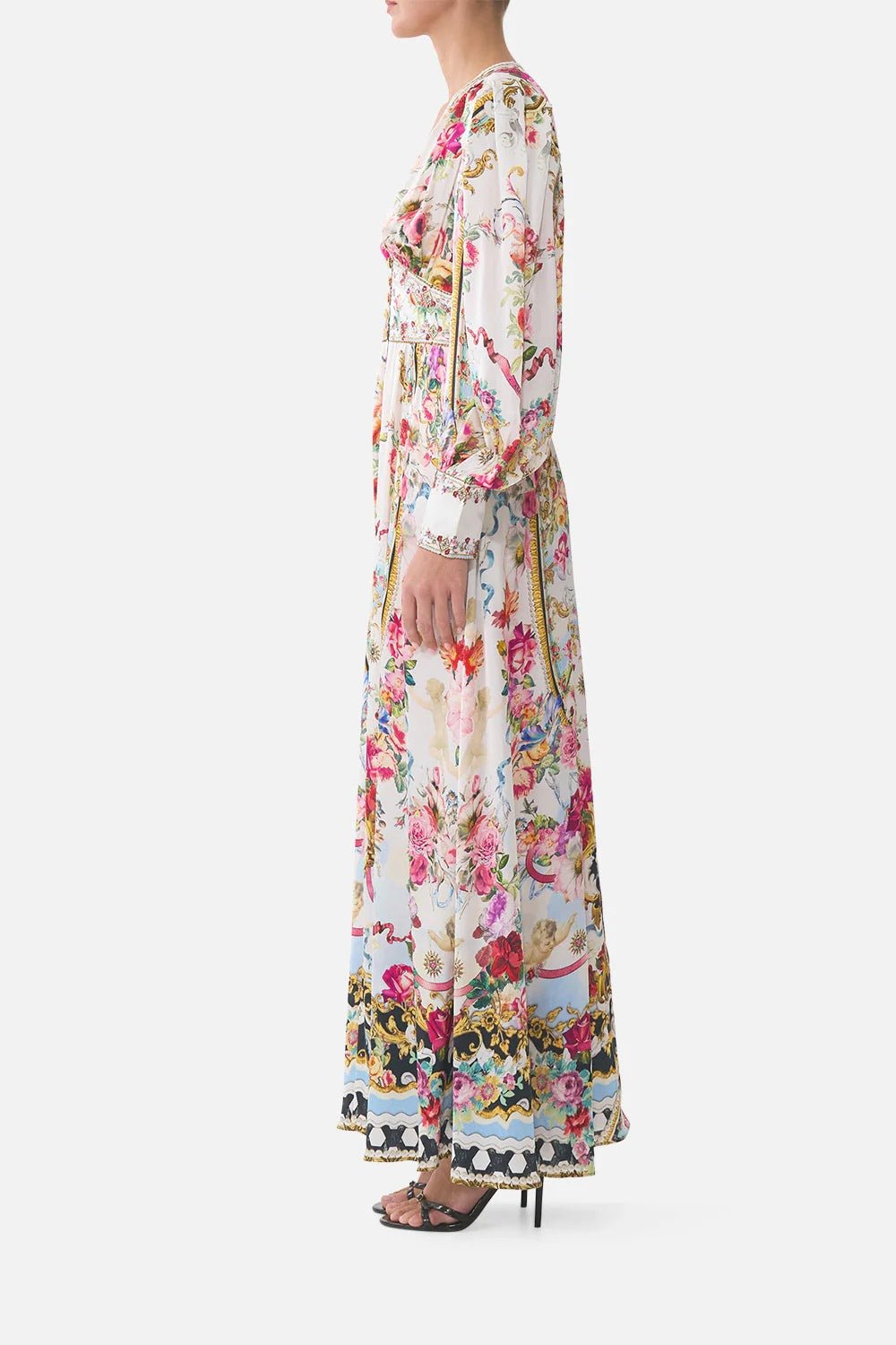 Young Ideas & Henmores - Torero Libertine Gathered Sleeves Waistband Silk Dress - White/Pink Multi - XS