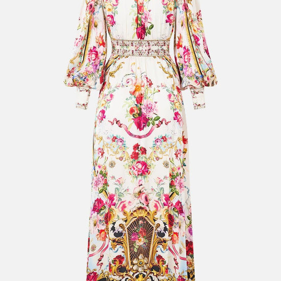 Young Ideas & Henmores - Torero Libertine Gathered Sleeves Waistband Silk Dress - White/Pink Multi - XS