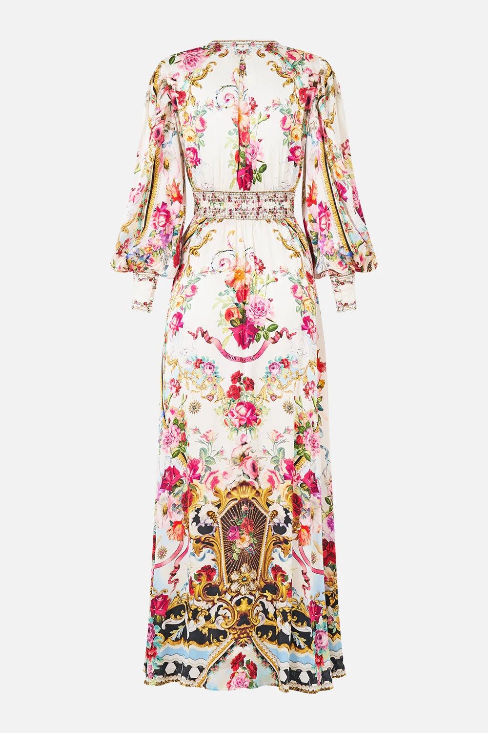 Young Ideas & Henmores - Torero Libertine Gathered Sleeves Waistband Silk Dress - White/Pink Multi - XS