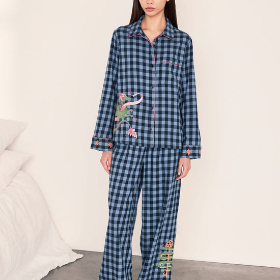 Young Ideas & Henmores -Brushed Cotton Dragon Long Pyjama Set -Navy -8