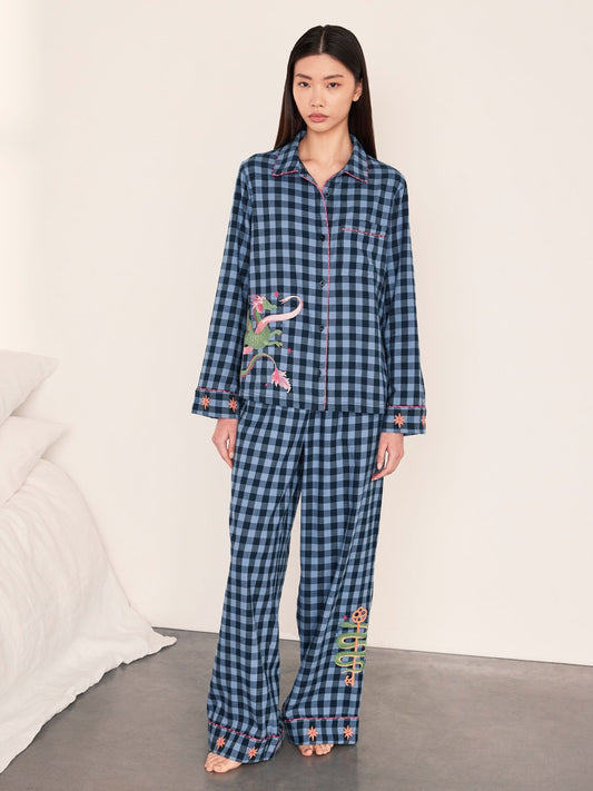 Young Ideas & Henmores -Brushed Cotton Dragon Long Pyjama Set -Navy -8