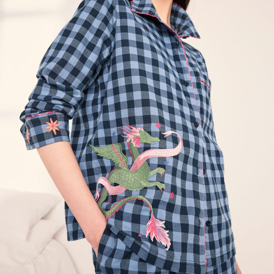 Young Ideas & Henmores -Brushed Cotton Dragon Long Pyjama Set -Navy -8