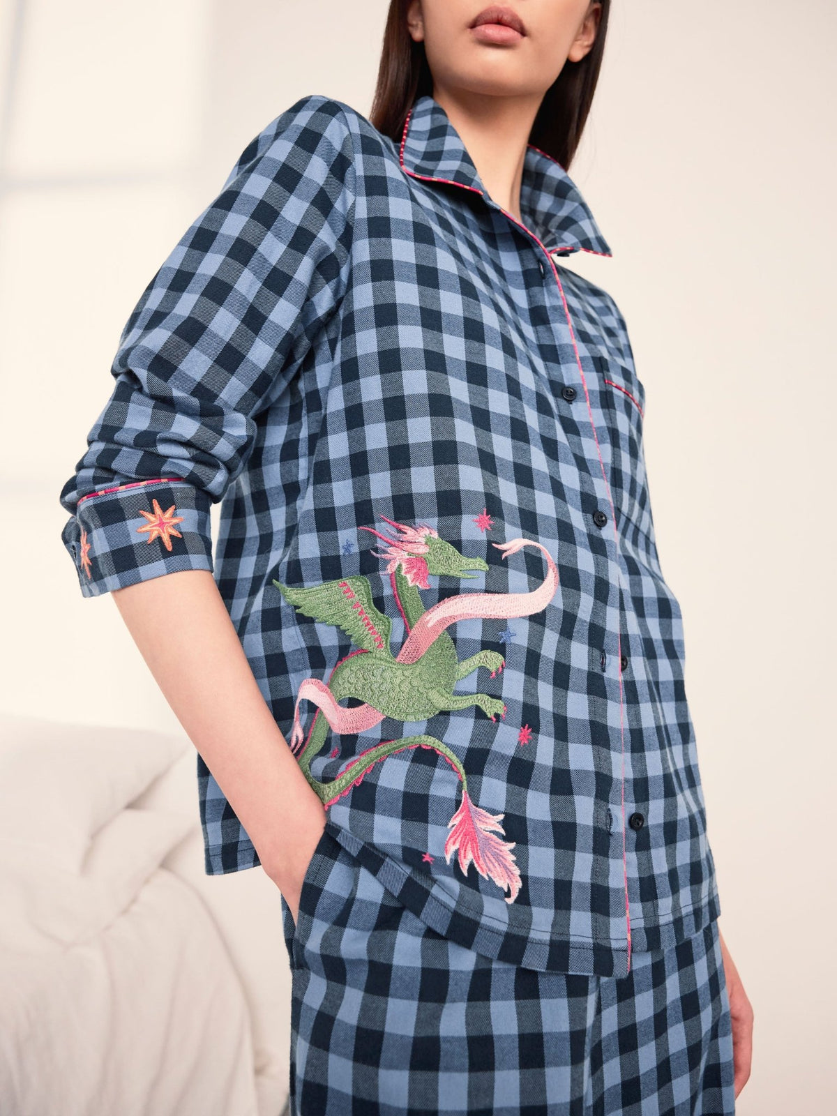 Young Ideas & Henmores -Brushed Cotton Dragon Long Pyjama Set -Navy -8