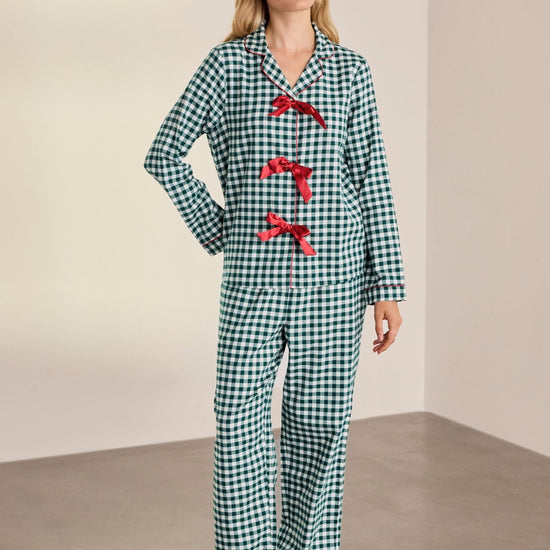 Young Ideas & Henmores -Brushed Cotton Gingham Long Pyjama Set -Green/White -8