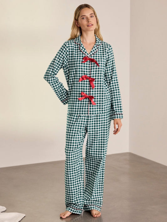 Young Ideas & Henmores -Brushed Cotton Gingham Long Pyjama Set -Green/White -8