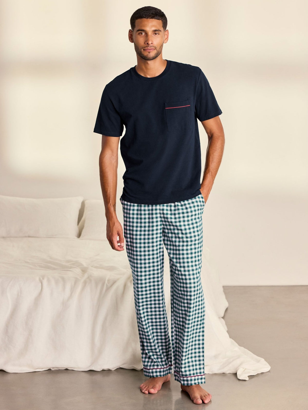 Young Ideas & Henmores -Cotton Gingham Long Crew PJ Set -Green/Navy -M