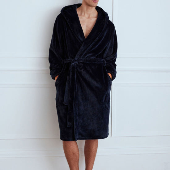 Young Ideas & Henmores -Mens Fleece Dressing Gown -Plain Navy -M