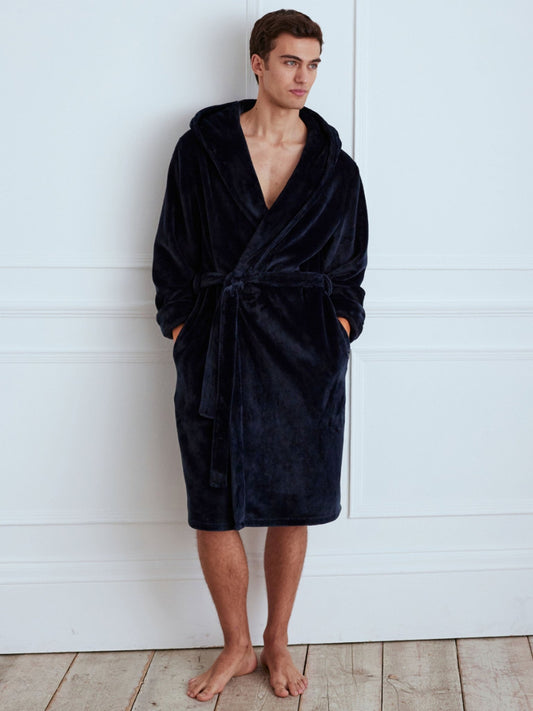 Young Ideas & Henmores -Mens Fleece Dressing Gown -Plain Navy -M