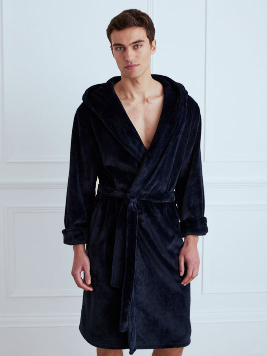 Young Ideas & Henmores -Mens Fleece Dressing Gown -Plain Navy -M
