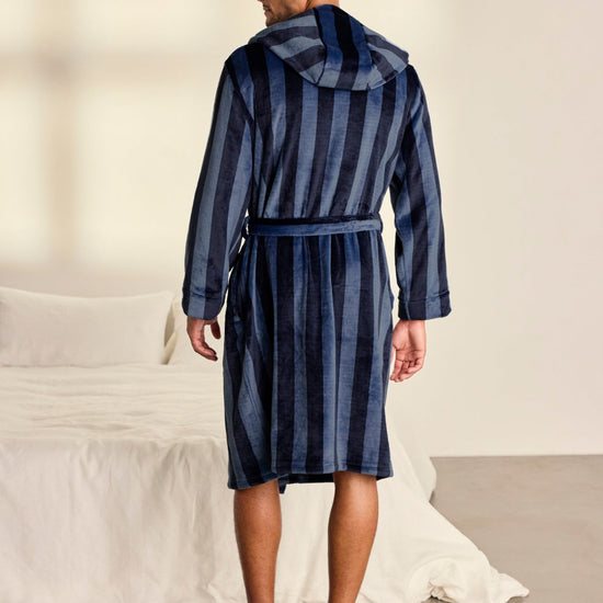 Young Ideas & Henmores -Mens Fleece Stripe Dressing Gown -Navy -M