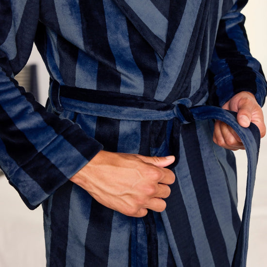 Young Ideas & Henmores -Mens Fleece Stripe Dressing Gown -Navy -M