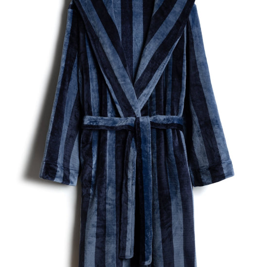 Young Ideas & Henmores -Mens Fleece Stripe Dressing Gown -Navy -M