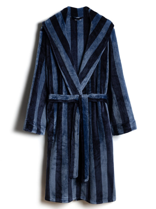 Young Ideas & Henmores -Mens Fleece Stripe Dressing Gown -Navy -M
