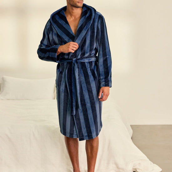 Young Ideas & Henmores -Mens Fleece Stripe Dressing Gown -Navy -M