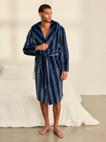Young Ideas & Henmores -Mens Fleece Stripe Dressing Gown -Navy -M