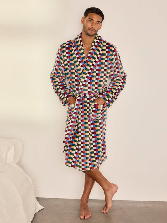 Young Ideas & Henmores -Mens Fleece ZigZag Stripe Dressing Gown -Multi -M