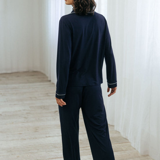 Young Ideas & Henmores -Modal Long Button Up Pyjama Set  -Plain Navy -8