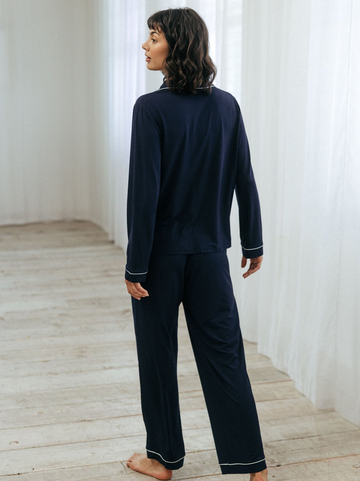 Young Ideas & Henmores -Modal Long Button Up Pyjama Set  -Plain Navy -8