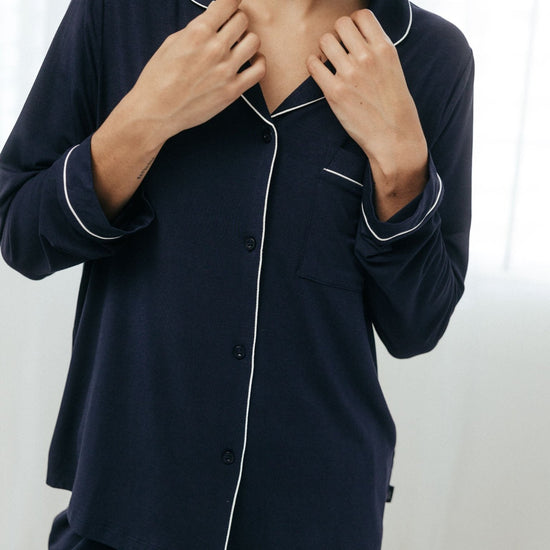 Young Ideas & Henmores -Modal Long Button Up Pyjama Set  -Plain Navy -8