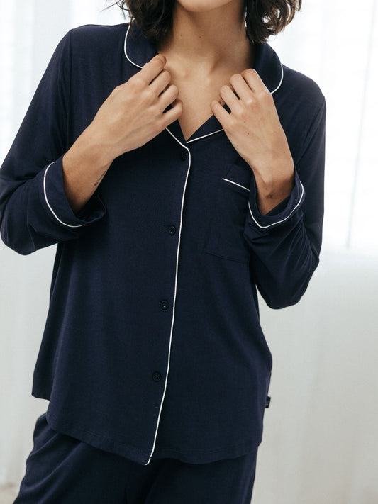 Young Ideas & Henmores -Modal Long Button Up Pyjama Set  -Plain Navy -8